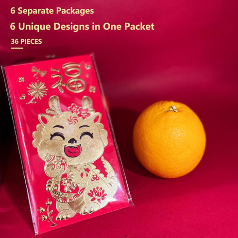 36Pcs Red Envelopes Chinese New Year of The Dragon, Lunar Chinese New Year Red Envelopes 2024, Lucky Money Red Packets Hong Bao with 6 Cute Gold F...
