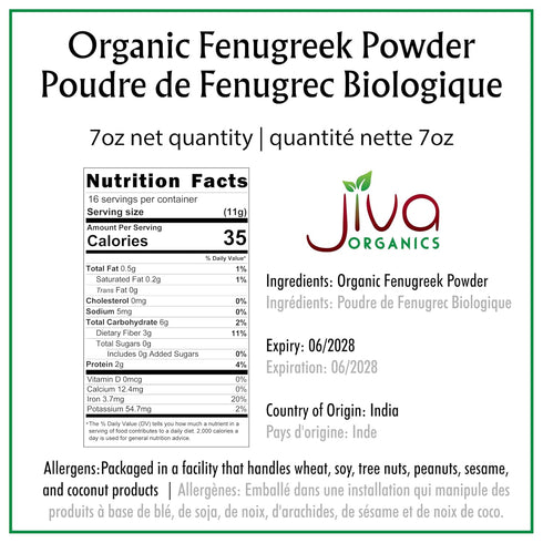 Jiva Organics Organic Fenugreek Powder 7oz Bag - Gluten Free, Non-GMO, Methi Powder, Pure, Raw & Natural - Great As A Spice Or Even For Hair Growt...