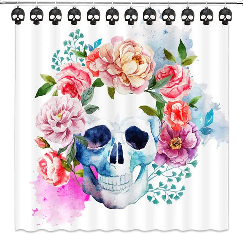 Set of 12 Sugar Skull Shower Curtain Hooks Decorative Home Bathroom Stainless Steel Rustproof Skeletons Shower Curtain Rings Decor Accessories (Bl...