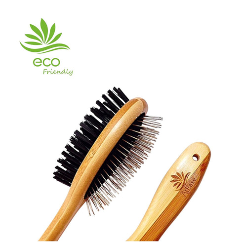 Double Sided Dog Brush - for Long or Short Haired Dogs and Cats Natural Bamboo Eco Friendly Pet Grooming Dual Sided Pin and Bristles for Desheddin...