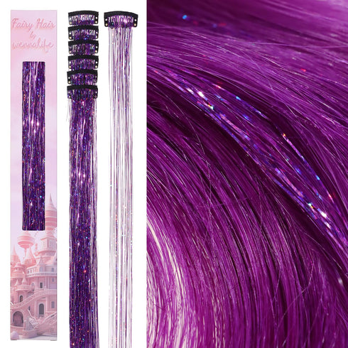 WENNALIFE Hair Tinsel Clip In Hair Tinsel for Girls Purple, 6pcs 24 inch Hair Tinsel Clips Tinsel Hair Extensions Clip in Colorful Glitter Tinsel ...