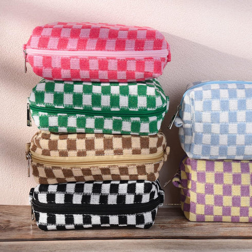 6 Pcs Checkered Makeup Bag Preppy Cosmetic Bag Bulk Pink Black Makeup Pouch Personalize Travel Toiletry Bag Organizer Cute DIY Makeup Brushes Stor...