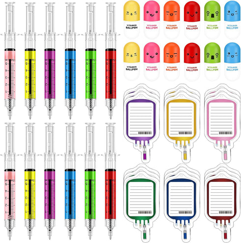 48 Pieces Fun Nurse Pens Set 12 Pcs Syringe Pens 12 Pcs Pill Pens 24 Pcs Blood Bag Sticky Notes Retractable Novelty Ballpoint Pen Cute Ballpoint P...