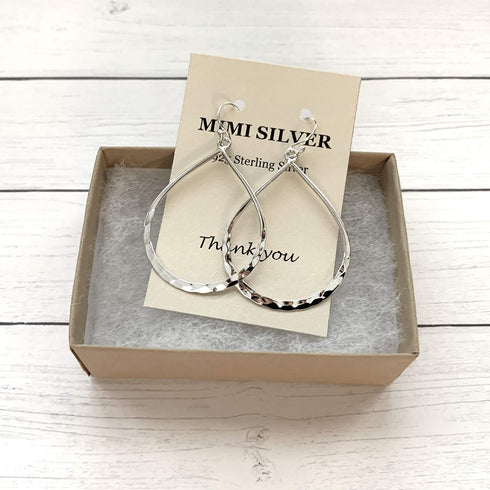 MIMI 925 Sterling Silver Hammered Open Teardrop Hoop Earrings...