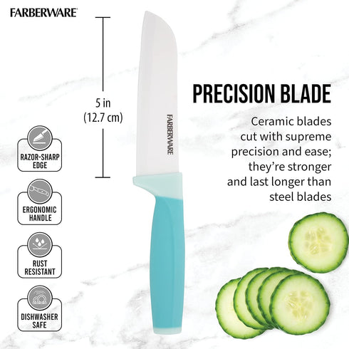 Farberware Ceramic 5- Inch Santoku Knife with Custom-Fit Blade Cover, Razor-Sharp Kitchen Knife with Ergonomic, Soft-Grip Handle, Dishwasher-Safe,...