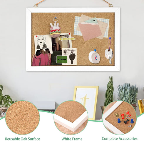 Cork Board Bulletin Board 12 x 7.8 Inches with Rectangle White Frame Hanging Pin for Walls Office Message Board or Vision Board Decoration...