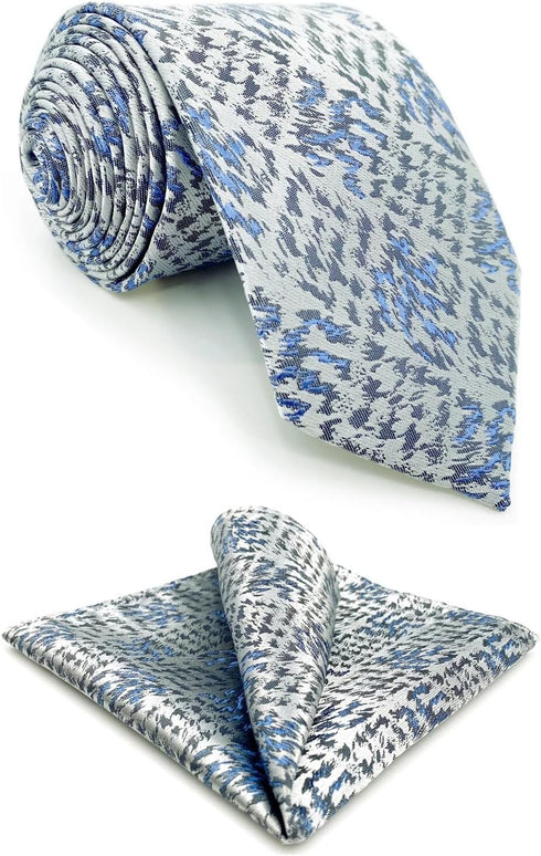 S&W SHLAX&WING New Mens Ties Silver Sky Blue Classic Size Necktie Set with Pocket Square...