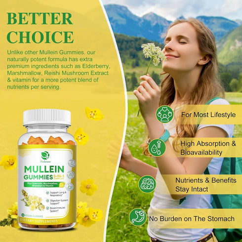 (2 Pack) 9 in 1 Mullein Gummies for Lung Cleanse, Extra Strength 10000MG(10:1 Extract) Mullein Leaf Extract w/Quercetin, Bromelain, Elderberry & M...