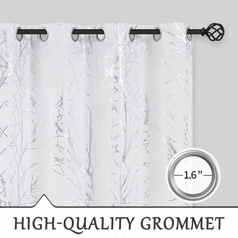 FMFUNCTEX Linen Semi Sheer Curtains for Living Room & Bedroom, Silver Metallic Print White Tree Panel, Light Filtering 84" Long Grommet Top 2 Pane...