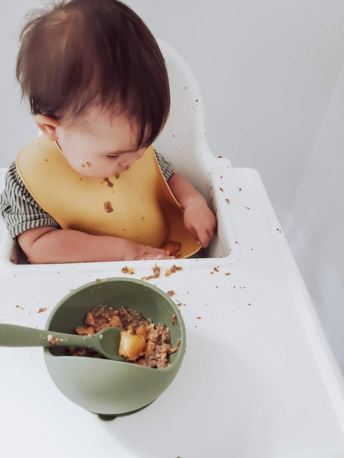 Ali+Oli Silicone Suction Bowl and Spoon Set (Sage, Original) - Unbreakable for 6 Months and Up, Self Feeding Utensils, First Stage Baby Feeding Su...