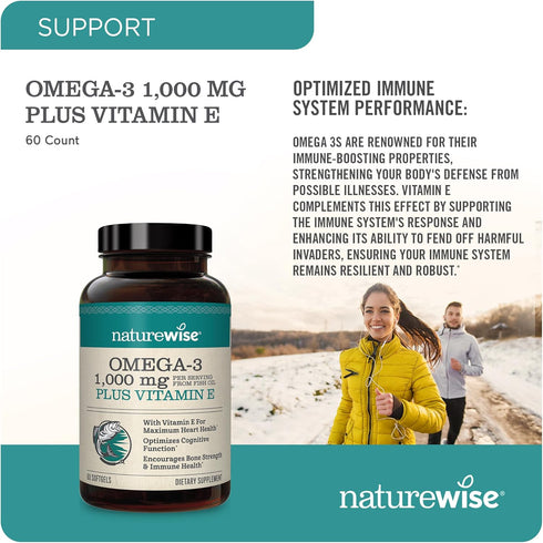 NatureWise Extra-Strength Omega 3 Fish Oil Supplement - 1000mg per Serving - 600 EPA & 400 DHA and Vitamin E - Support for Heart & Brain Health - ...