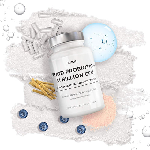 Amen Mood Probiotic Supplement 51 Billion CFU - Organic Prebiotics and Probiotics - Acidophilus Probiotic Pills, Fibers - Mood Organic Ashwagandha...