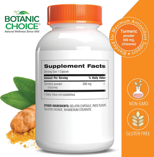 Botanic Choice Premium Turmeric Antioxidant Support - Joint Health Supplement for Adults - 180 Vege Capsules (500 mg each)...