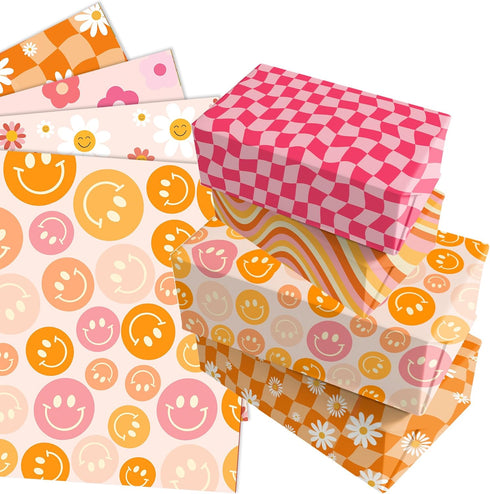 12 Sheets Boho Wrapping Paper Retro Groovy Gift Wrap Paper, Smiley Face Floral Daisy Pattern Wrapping Paper for Baby Shower Birthday Wedding DIY C...