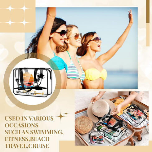 3 Pcs Beach Clear Makeup Bag, Beach Cosmetic Bags Seaside Clear Toiletry Bag Transparent PVC Waterproof Zipper Pouch Travel Organizer Storage Bag ...