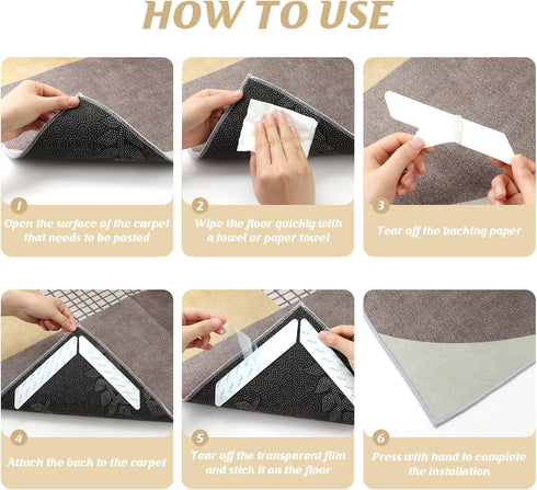 Rug Tape 12PCS Reusable Washable Removable Non-Slip Rug Stickers, Double Sided Adhesive Rug Grip for Hardwood Floors Tile, No Damage Carpet Tape t...