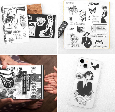 Dizdkizd Black and White Themed Elegent Women Sticker Book for Scrapbooking, Journaling, 194 Vintage Pre-Cut Stickers for Junk Journaling, Planner...