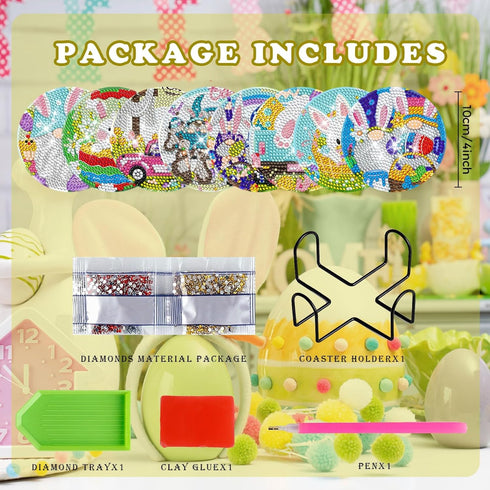 8 Pieces Easter Diamond Coasters Kits Holder DIY Easter Rabbit Diamond Art Coaster Coaster for Adults Diamond Kits Supplies for Spring Easter Gift...