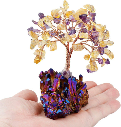 mookaitedecor Citrine & Amethyst Crystal Tree, Quartz Cluster Purple Titanium Crystals Base Bonsai Money Tree for Wealth and Luck...