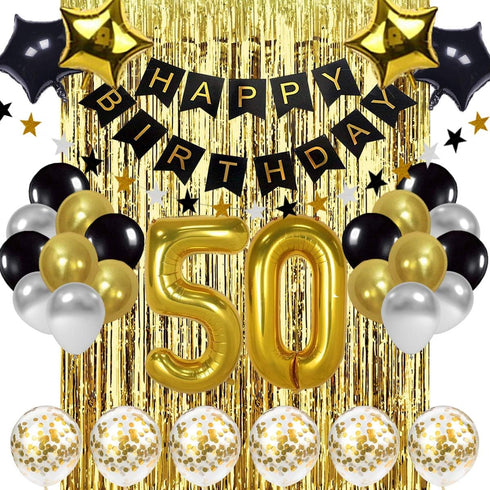 Black and Gold 50th Birthday Decorations Set - Banner, Balloons, Gold Foil Numbers, and Supplies for 50 Years Old Celebration...