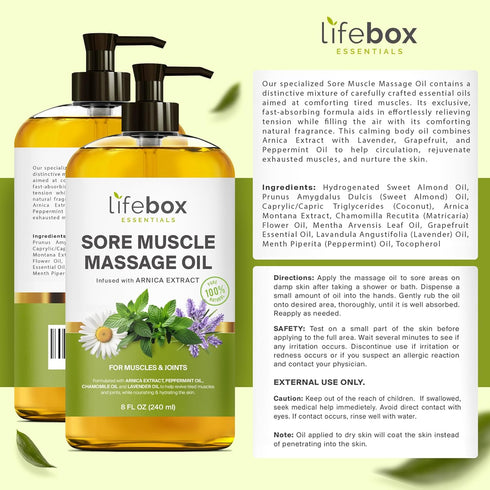 Arnica Sore Muscle Massage Oil – 100% Pure & Natural - Massage Therapy for Muscles & Joints – Body Oil Infused with Arnica Extract, Lavender Oil, ...