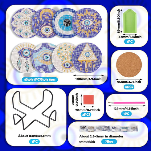 8Pcs Evil Eye Diamond Painting Coaster 5D Diamond Cup Mat with Holder Cork Pad Rhinestone Non Slip Drink Table Coaster for Beginners Adults DIY Pa...