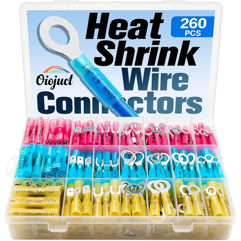 260Pcs Heat Shrink Wire Connectors Kit - Marine Automotive Electrical Connectors - Crimp Terminal Set for Electrical Wiring - Waterproof Fork Spad...