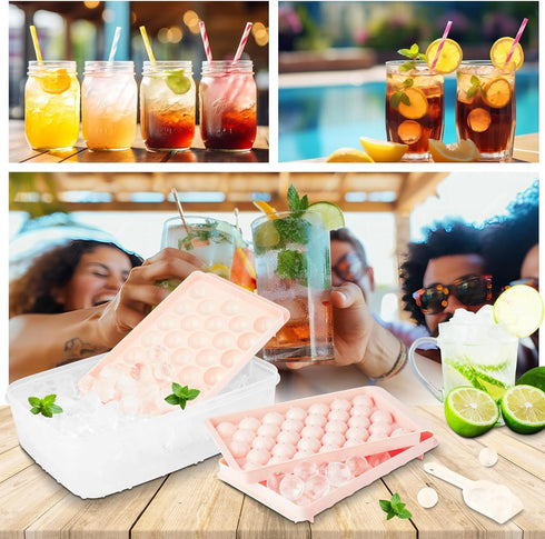 ice Cube Tray for Freezer With Lid and Bin, 1''x66 Round ice Cube Mold With Container, ice Ball Maker Mold Sphere ice Mold For whiskey, Drinks, Co...
