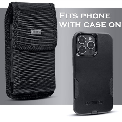 PiTau Holster for iPhone 15, 15 Pro, 14, 14 Pro, 13, 13 Pro, 12, 12 Pro, 11, XR, Black Nylon Cell Phone Belt Holder Case with Clip Carrying Pouch ...