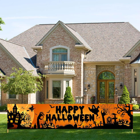 Avezano Happy Halloween Banner Large 98.4 x19.6 Inch Yard Sign Banner Black and Orange Halloween Party Decorations Welcome Hanging Flag Outdoor Fe...