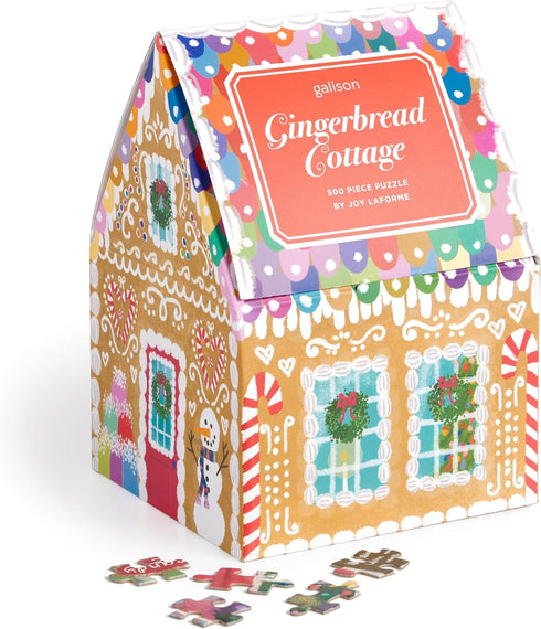 Galison Gingerbread Cottage – 500 Piece Joy Laforme House Shaped Jigsaw Puzzle Featuring Beautiful Artwork of A Christmas Gingerbread Bakery...