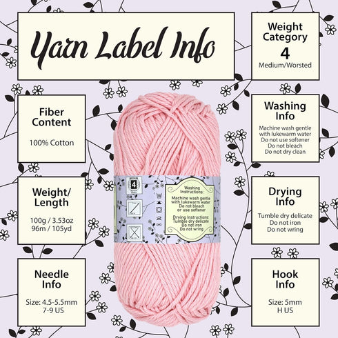 JubileeYarn Dainty Light Yarn - Worsted Weight Cotton - 100g/Skein - 305 Primrose Pink - 4 Skeins......