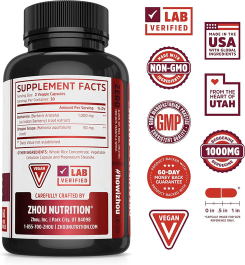 Zhou Nutrition Berberine Supplement 1000mg with Oregon Grape, Vegan, Gluten-Free, 30 Servings...