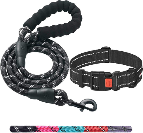 Heavy Duty Dog Leash - Comfortable Padded Handle, 5 ft Long - Dog Leashes for Small Medium Large Dogs (Leash+Collar M Neck 16"-20", Black)...
