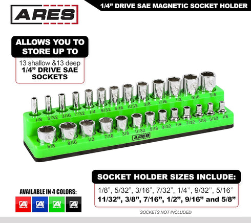 ARES 60005-26-Piece 1/4 in SAE Magnetic Socket Organizer -GREEN -Holds 13 Standard (Shallow) and 13 Deep Sockets -Perfect for your Tool Box -Also ...