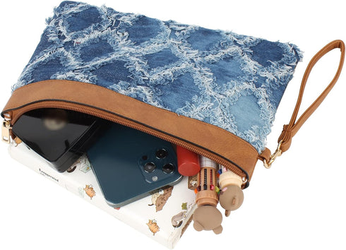 ZLM BAG US Women Distressed Denim Evening Purse Pu Leather Clutch Handbag Rhombus Pattern Wristlet Bag...