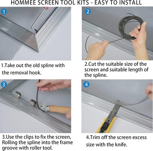 Screen Repair Kit-Screen Roller Tool with Bearing,Screen Retainer Spline(32ft) and Spline Removal Hook with Screen Installer Clips(8pcs) for Insta...