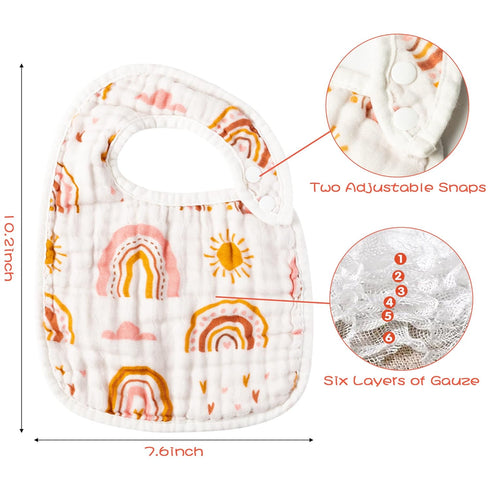 Zainpe 6Pcs Snap Muslin Cotton Bibs for Baby Rainbow Sun Star Bib Adjustable Feeding Bib Machine Washable Unisex Burp Cloths with 6 Absorbent Soft...