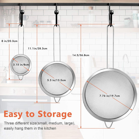 3Pcs Super Wire Extra Fine Mesh Strainer with Handle, Small Medium Large Size Sifter Metal Strainer Set, Stainless Steel Sieve Fine Mesh Strainers...