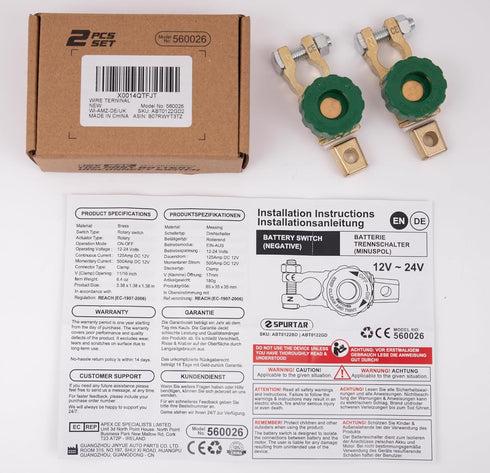 Spurtar Car Battery Disconnect Switch 12V - 24V Top Post 2Pcs, Quick Disconnect Battery Cut Off Switch for Truck RV Boat Vehicles, Green Knob...