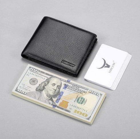 HISCOW Full Grain Leather Bifold Wallets for Men, Slim Minimalist Mens Wallet, Gifts for Dad Birthday Fathers Day (Pebbled Black)...