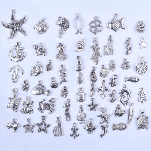 BronaGrand 100pcs Mixed Antique Silver DIY Ocean Fish & Sea Creatures Charms Pendants for Making Bracelet and Necklace...