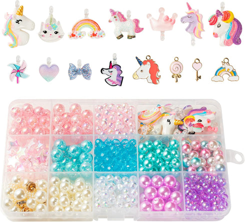 OSNIE Unicorn DIY Bead Jewelry Making Kit for Kids Girls with Unicorn Rainbow Heart Bow-Knot Lollipop Crown Key Charms Beads for Bracelets Rings N...