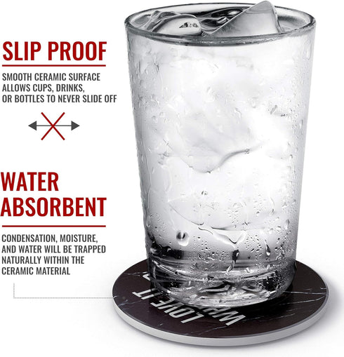 Clever & Funny Coasters for Drinks Absorbent with Box Holder - 6 Piece Ceramic Black Marble Coaster Set - Man Cave Decor...