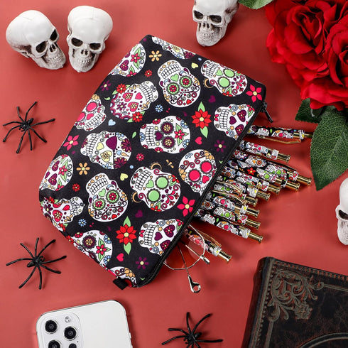 12 Pcs Sugar Skull Pens with Pencil Case Ballpoint Pens Retractable Click Ball Pens Sugar Skull Gifts Skull Pouch with Zipper for Cinco de Mayo Ch...