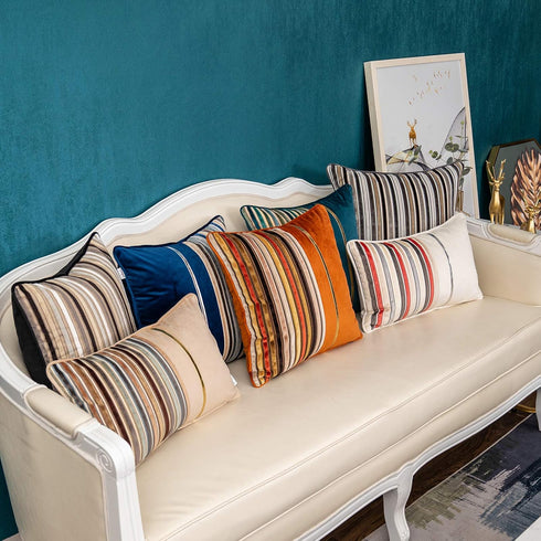 Yangest Navy Blue Striped Patchwork Throw Pillow Cover Gold Leather Cushion Cover Zippered Rectangular Pillowcase for Sofa Couch Bedroom Living Ro...