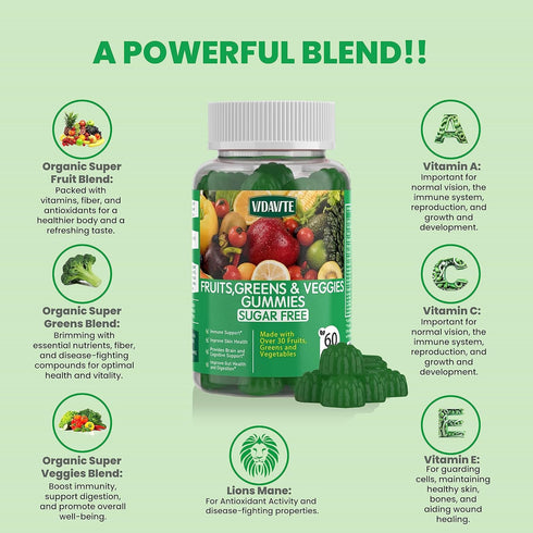 Sugar-Free Fruit and Veggie Gummies — 35+ Greens, Fruit and Vegetable Vitamins to Boost Immunity, Skin & Gut Health — Ideal Fruit and Vegetable Su...