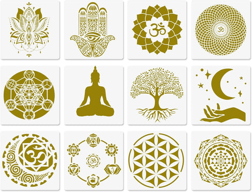 Sacred Geometry Stencils, 12 Pcs Yoga Stencils, Om Sacred Lotus Chakra The Flower of Life Mandala Hamsa Hand Sun Moon Spiritual Symbols Meditation...