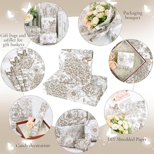 Bolsome 100 Sheets 20 * 14 Inches Vintage Floral Printed Tissue Paper Coffee Gold Peony Butterfly Printed Gift Wrapping Tissue Paper Peonies, Hydr...