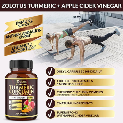 7 in 1 Premium Turmeric Curcumin + Apple Cinder Vinegar Capsules, Equivalent to 5010mg, 6 Month Supply with Ashwagandha, Ginger, Garlic Bulb, 95% ...